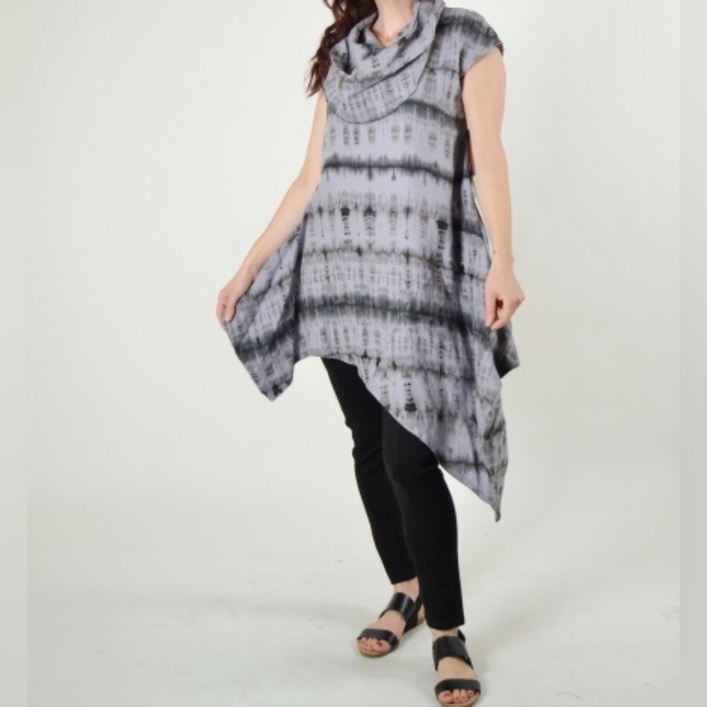 Bryn Walker Tie-dyed Lagenlook Asymmetric Hem Drape Cowl Neck Linen Noa Tunic XS